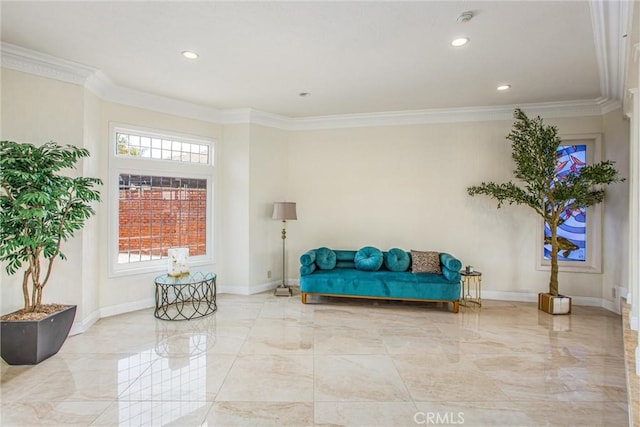 sitting room featuring marble finish floor, crown molding, and baseboards