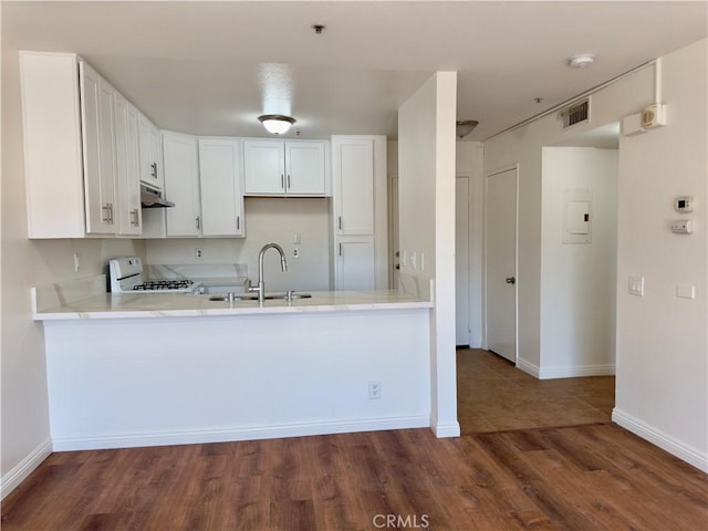 kitchen featuring a peninsula, white gas range, light countertops, under cabinet range hood, and a sink