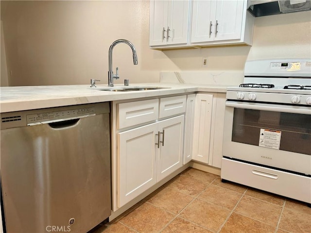 kitchen with white gas stove, white cabinetry, a sink, dishwasher, and extractor fan