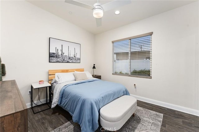 bedroom with baseboards, recessed lighting, a ceiling fan, and wood finished floors