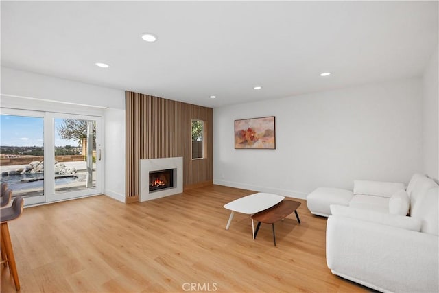 living room with a warm lit fireplace, light wood-style flooring, and a healthy amount of sunlight