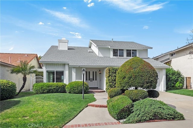 view of front of house with concrete driveway, a chimney, roof with shingles, a front lawn, and stucco siding