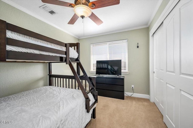 2438 Captains Walk, Bradley, CA 93426 - carpeted bedroom featuring ornamental molding, a closet, and a ceiling fan