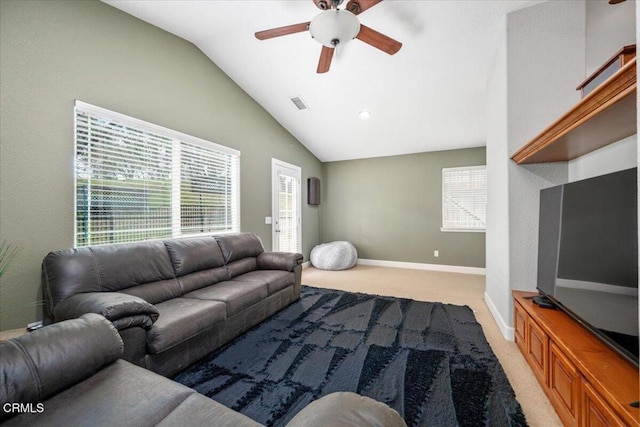 2438 Captains Walk, Bradley, CA 93426 - living area with vaulted ceiling, a ceiling fan, and light carpet
