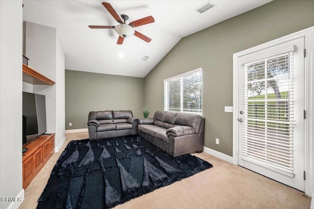 2438 Captains Walk, Bradley, CA 93426 - living room featuring a ceiling fan, vaulted ceiling, and carpet