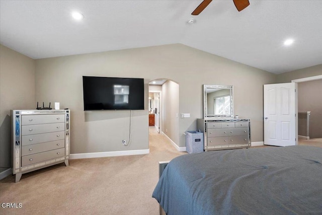 2438 Captains Walk, Bradley, CA 93426 - carpeted bedroom with arched walkways, vaulted ceiling, recessed lighting, and a ceiling fan