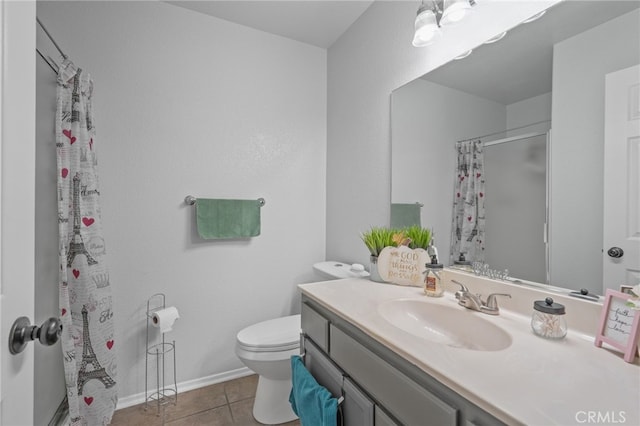 36857 42nd St E, Palmdale, CA 93552 - full bathroom featuring a shower with curtain, toilet, vanity, tile patterned flooring, and baseboards