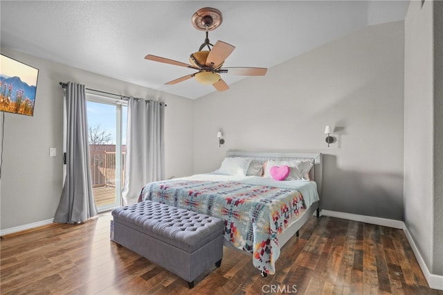 36857 42nd St E, Palmdale, CA 93552 - bedroom featuring lofted ceiling, wood finished floors, a ceiling fan, baseboards, and access to exterior