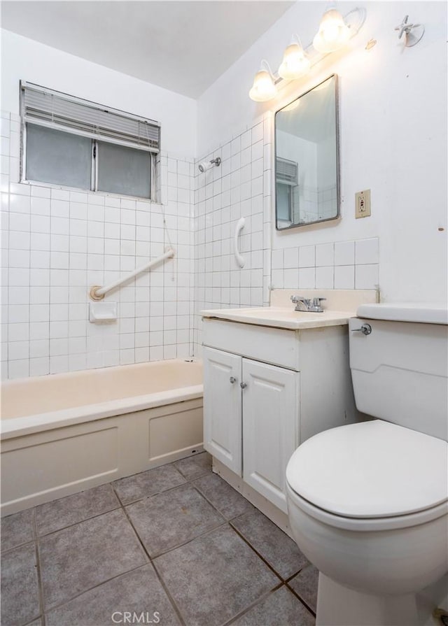 full bathroom featuring shower / washtub combination, decorative backsplash, toilet, vanity, and tile patterned flooring