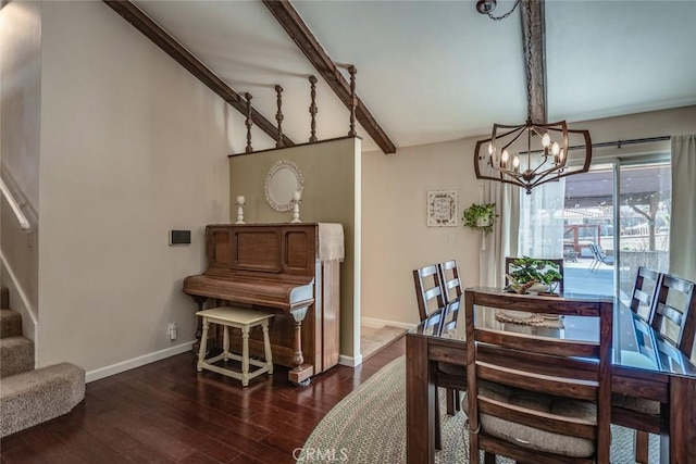 dining space featuring dark wood-style flooring, an inviting chandelier, beamed ceiling, baseboards, and stairs