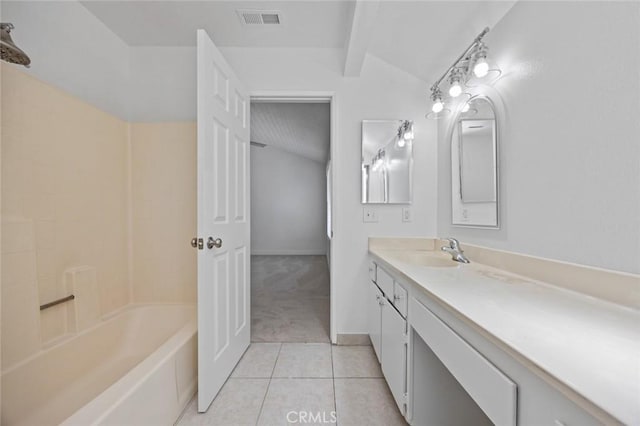 full bathroom with vaulted ceiling with beams, tile patterned flooring, visible vents, and vanity