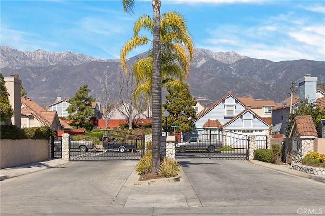 view of street featuring a gate, curbs, and a gated entry