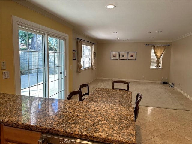 unfurnished dining area featuring light tile patterned floors, recessed lighting, visible vents, baseboards, and crown molding