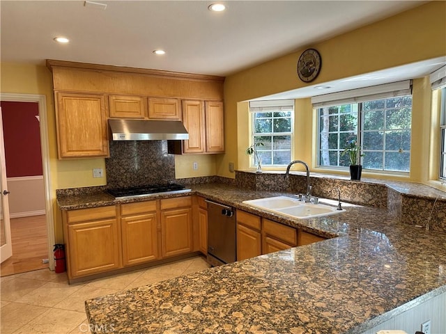 kitchen featuring black gas stovetop, under cabinet range hood, a sink, stainless steel dishwasher, and dark stone counters