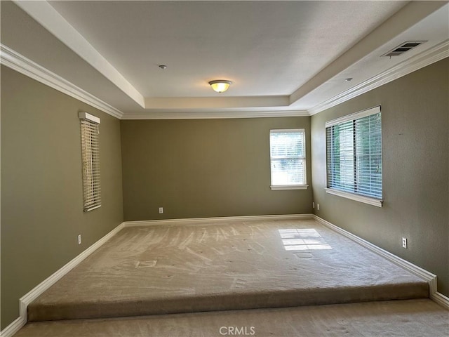 spare room featuring light carpet, a tray ceiling, visible vents, and baseboards