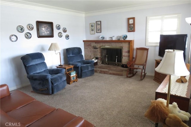 living area featuring a fireplace with raised hearth, baseboards, carpet flooring, and crown molding