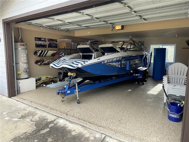 garage with a garage door opener and water heater