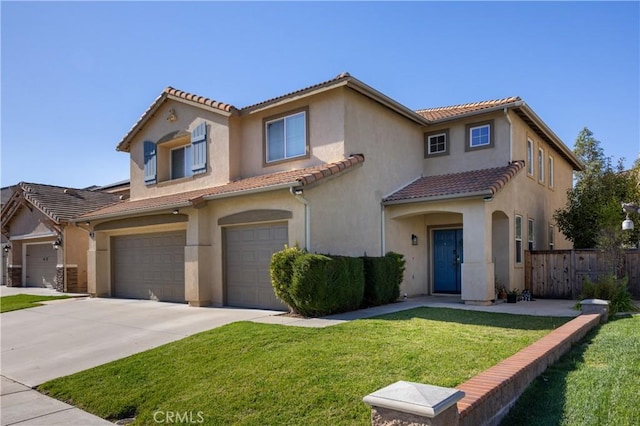 mediterranean / spanish-style house with a garage, concrete driveway, a tiled roof, fence, and stucco siding