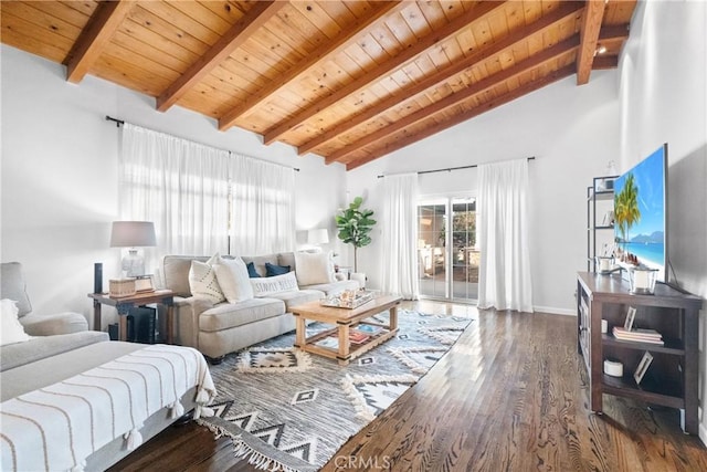 living room with wood finished floors, baseboards, high vaulted ceiling, beam ceiling, and wood ceiling