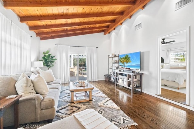 living room with visible vents, beamed ceiling, wood ceiling, and wood finished floors