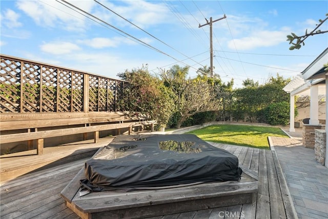 wooden deck featuring a yard and fence