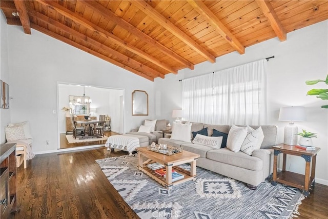 living area featuring beamed ceiling, baseboards, wood finished floors, and wooden ceiling