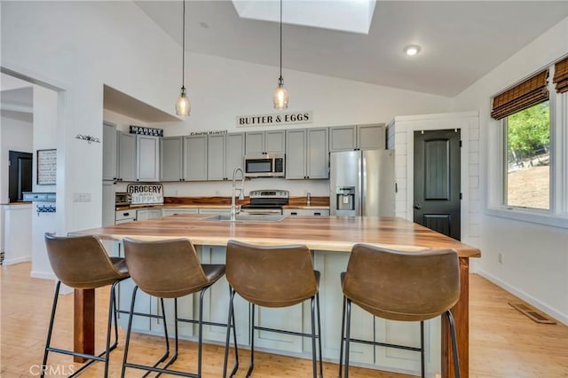 kitchen featuring gray cabinetry, butcher block countertops, visible vents, appliances with stainless steel finishes, and light wood finished floors