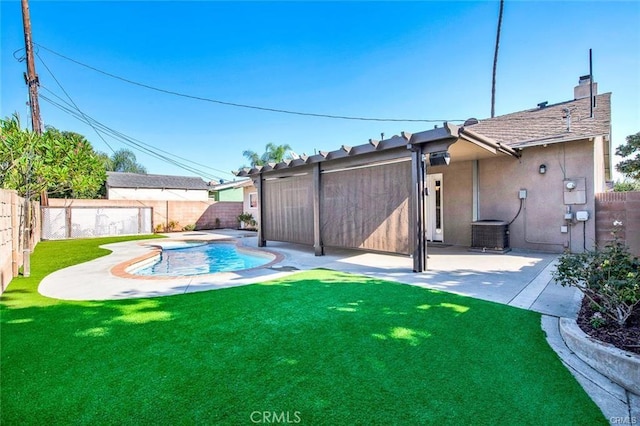 view of yard featuring a fenced in pool, a fenced backyard, a patio, and central air condition unit