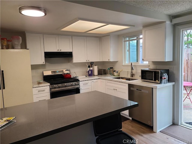 kitchen with stainless steel appliances, plenty of natural light, a sink, and under cabinet range hood