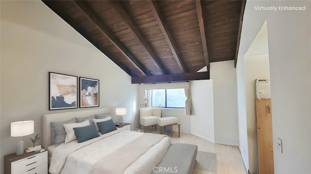 bedroom featuring wooden ceiling, lofted ceiling with beams, baseboards, and wood finished floors