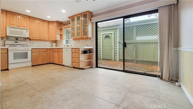 kitchen with white appliances, open shelves, a wealth of natural light, and light countertops