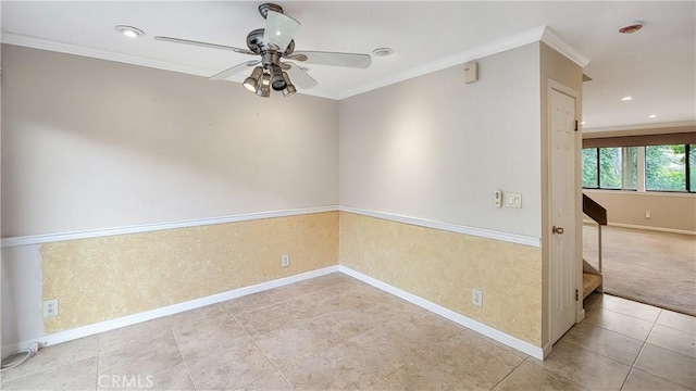 tiled spare room featuring baseboards, ornamental molding, ceiling fan, and recessed lighting