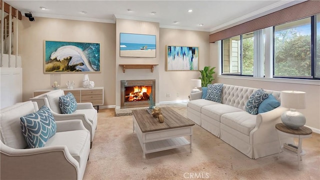 living room featuring ornamental molding, recessed lighting, a warm lit fireplace, and baseboards