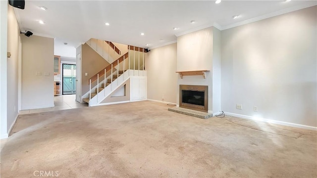 unfurnished living room with recessed lighting, baseboards, stairs, ornamental molding, and carpet