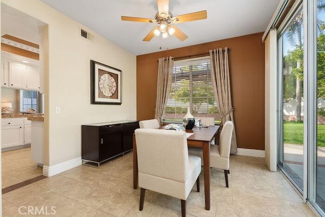 dining room featuring a ceiling fan, visible vents, and baseboards