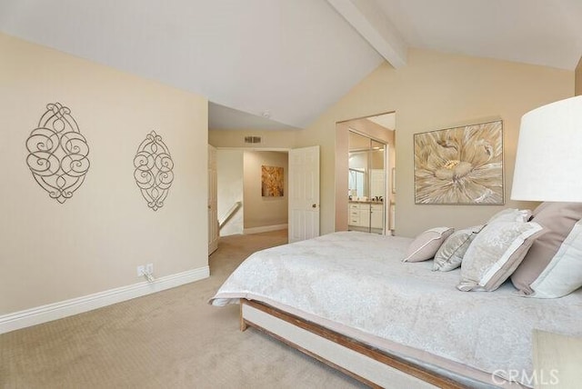 carpeted bedroom featuring vaulted ceiling with beams, connected bathroom, visible vents, and baseboards