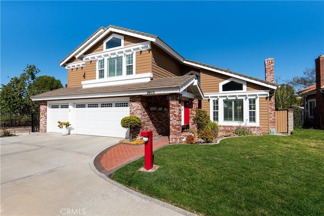 view of front of property featuring brick siding, an attached garage, fence, driveway, and a front lawn