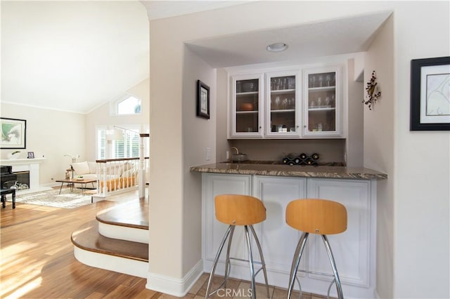 bar featuring wood finished floors, baseboards, vaulted ceiling, indoor wet bar, and a glass covered fireplace