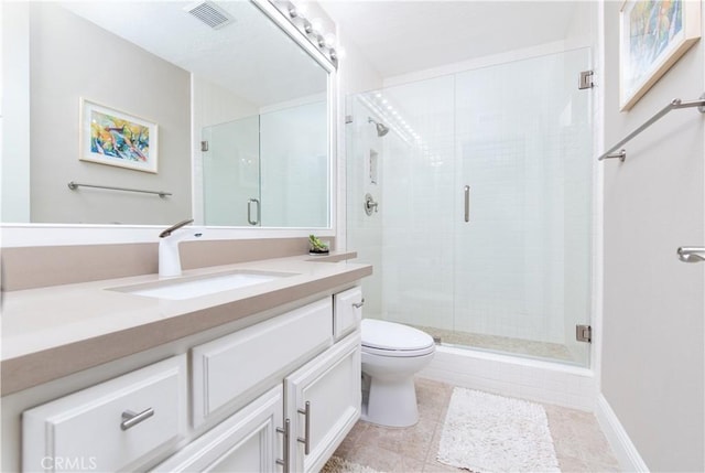 full bath with toilet, vanity, visible vents, and a shower stall