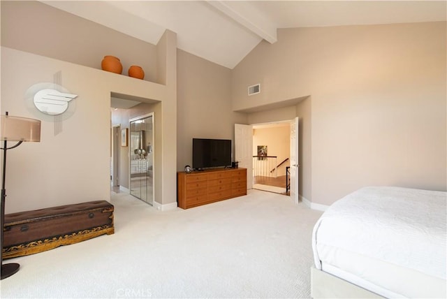 bedroom with light carpet, baseboards, visible vents, high vaulted ceiling, and beam ceiling