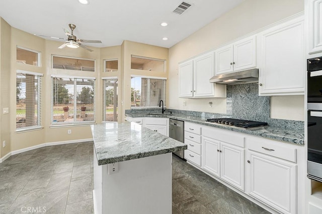 kitchen featuring visible vents, appliances with stainless steel finishes, a sink, under cabinet range hood, and backsplash