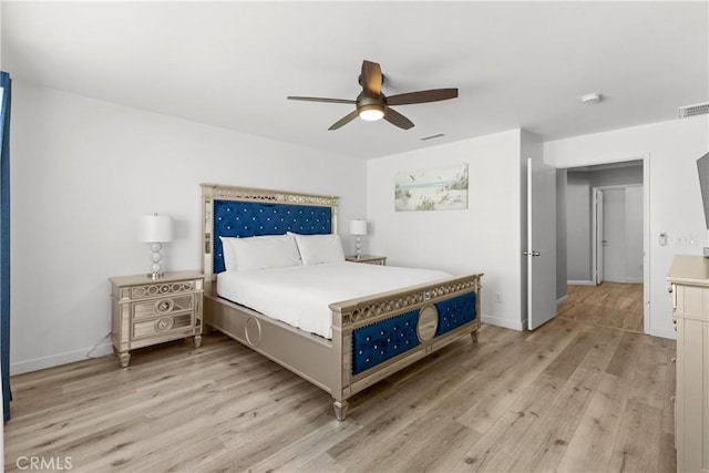 bedroom featuring a ceiling fan, light wood-type flooring, visible vents, and baseboards