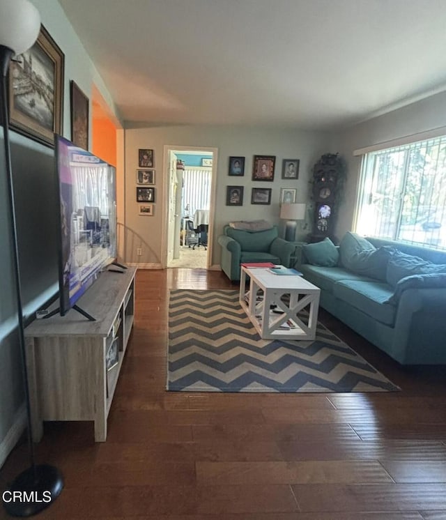 living room with dark wood-type flooring