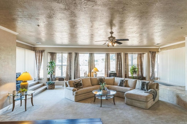 carpeted living room with a textured ceiling and crown molding