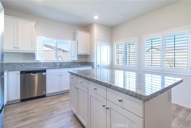 kitchen featuring light wood finished floors, a sink, a healthy amount of sunlight, and stainless steel dishwasher