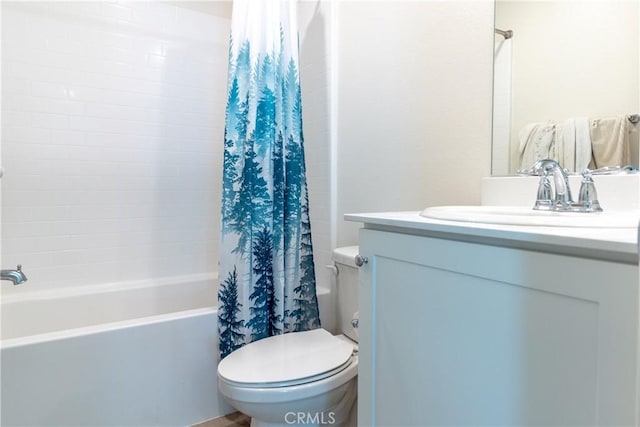 bathroom featuring vanity, toilet, and shower / bathtub combination with curtain