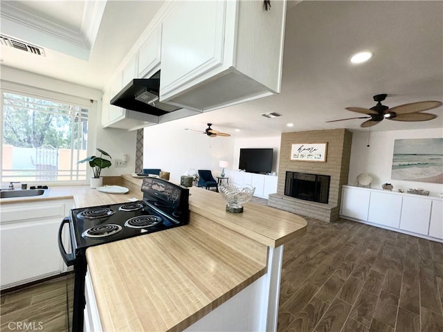 kitchen with a brick fireplace, ceiling fan, visible vents, ornamental molding, and black electric range