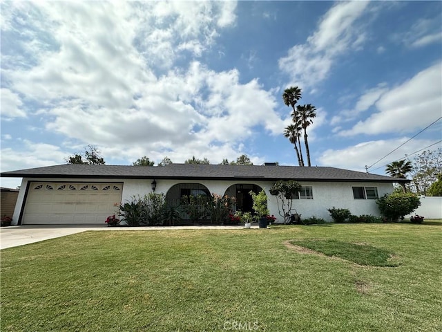 ranch-style house with stucco siding, concrete driveway, a front yard, and an attached garage