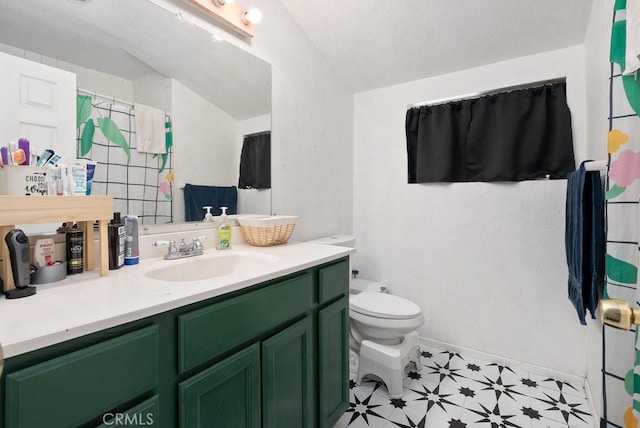 full bathroom with tile patterned floors, a shower with curtain, toilet, baseboards, and vanity