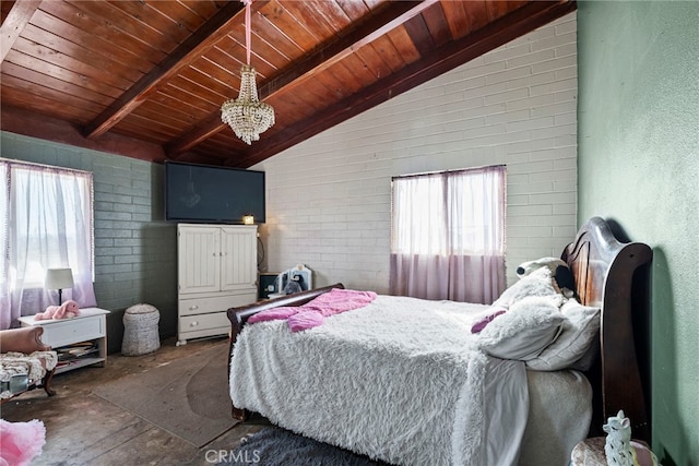 bedroom featuring lofted ceiling with beams, wood ceiling, and multiple windows